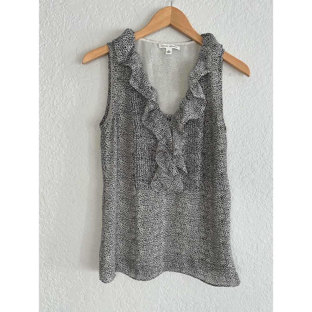 Banana Republic Black White Animal Print Top Summer Sleeveless Ruffle Side Zip